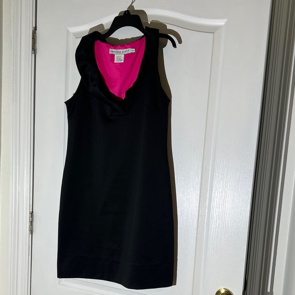 Gretchen Scott Designs Black Midi Dress with Pink Lining
